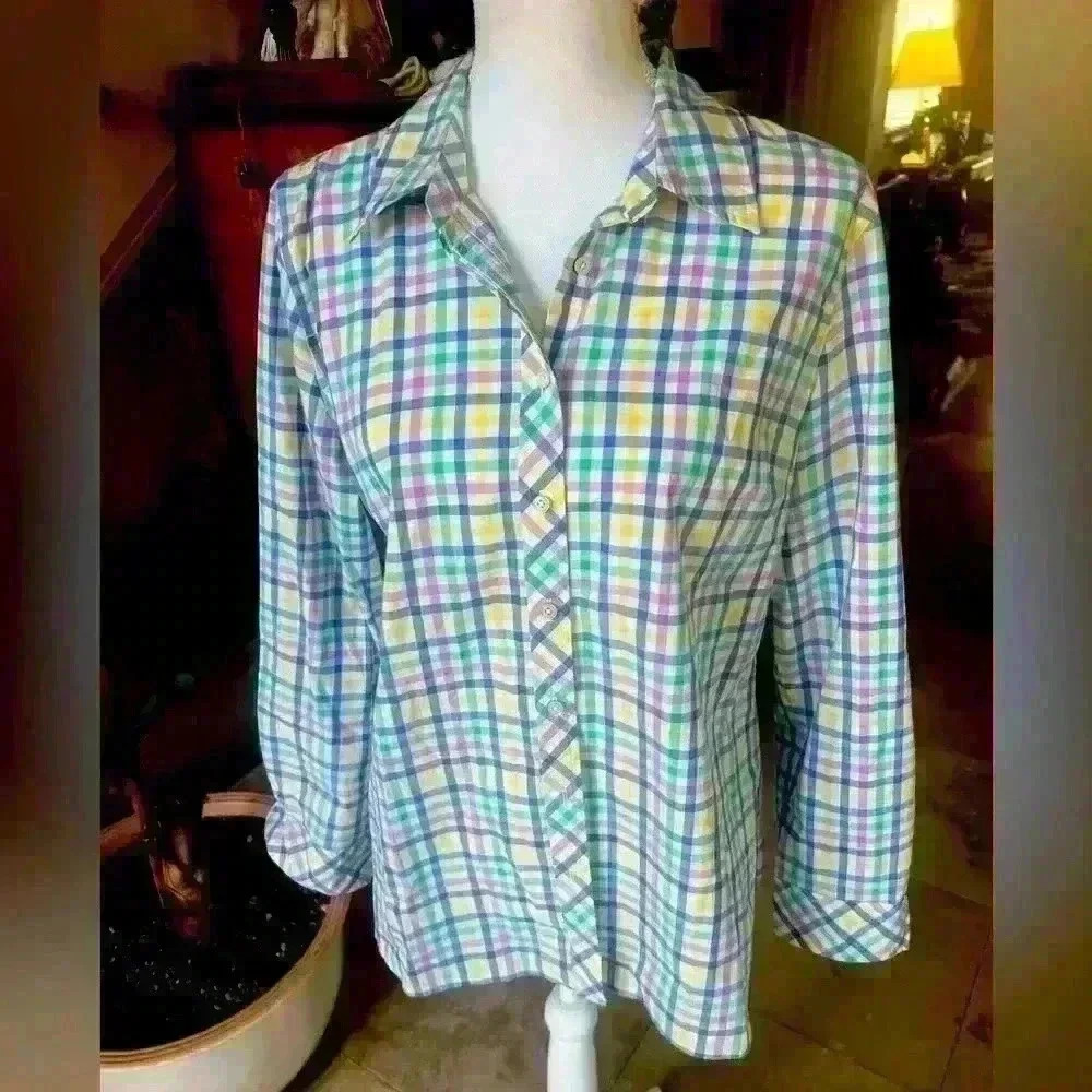 Talbots ladies cotton blouse Large. NWOT. Checker stripes colorful. Long sleeve - Picture 7 of 9